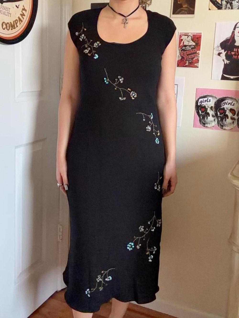 Black Floral Embroidered Cap-Sleeve Dress